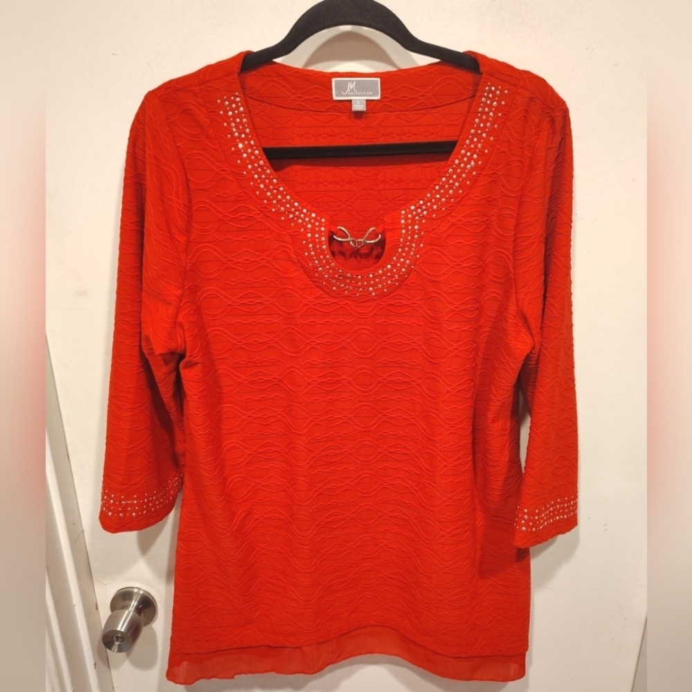 JM Collection Women's Embellished Textured Red Tunic Top L Career Event Casual